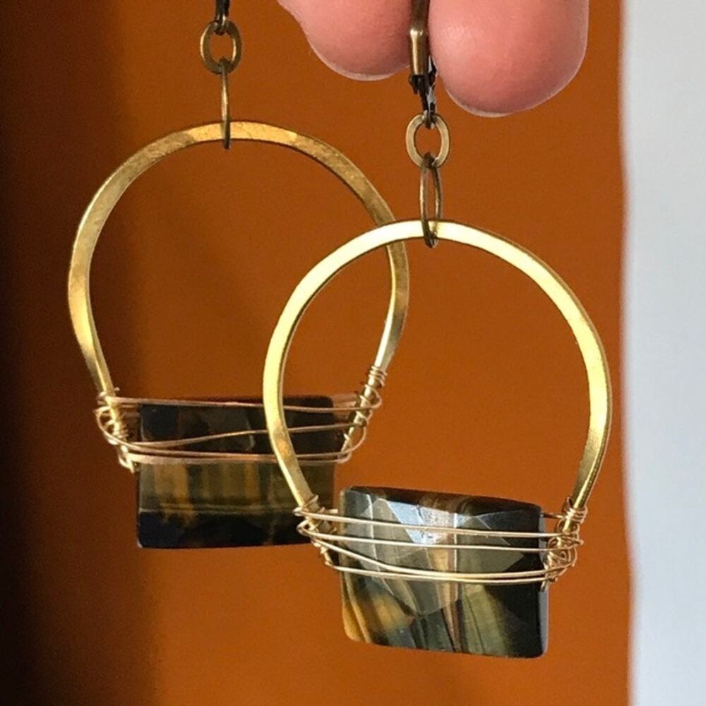 Artisan semiprecious tiger's eye wire wrap gold tone earrings